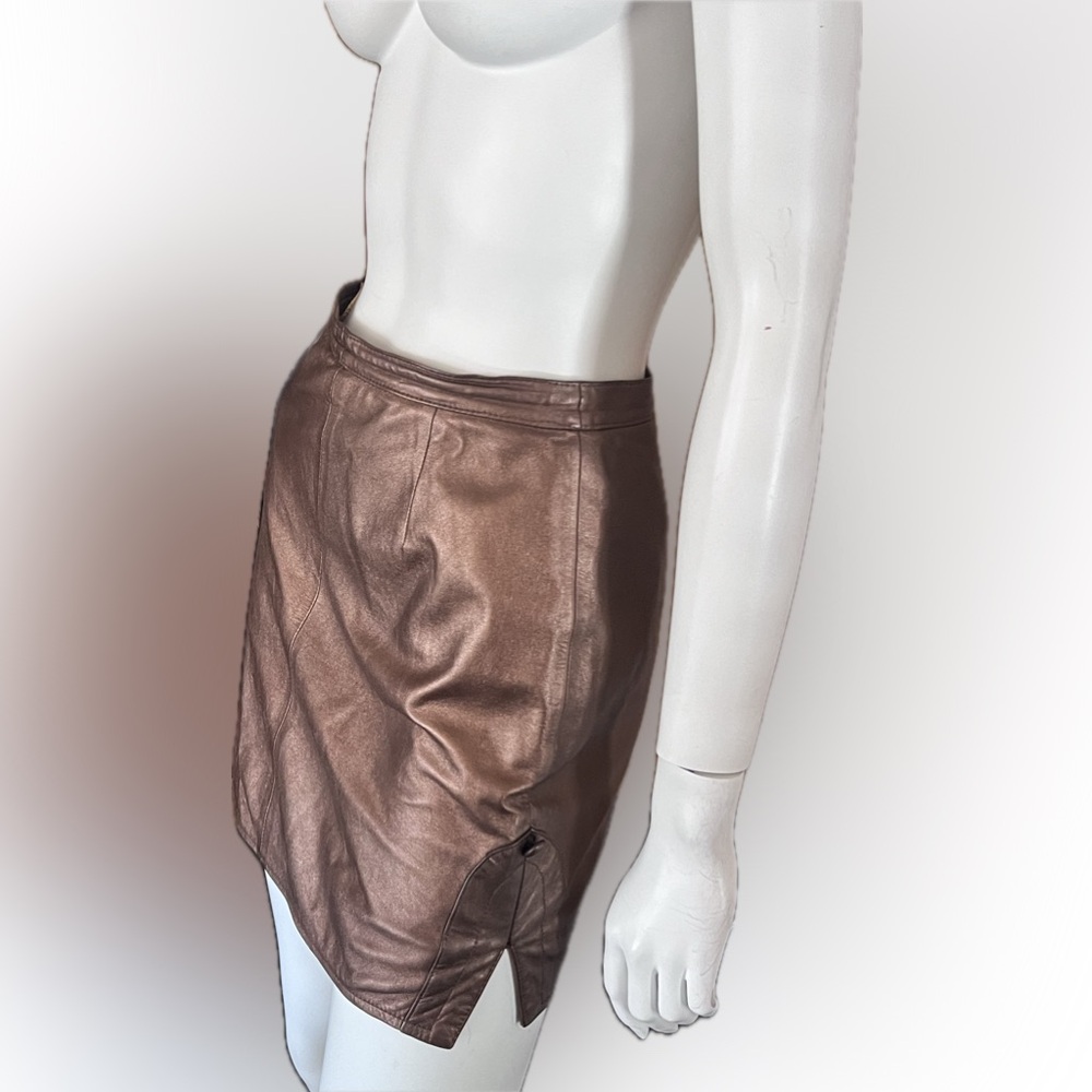 Women’s Metallic Leather Copper Brown Mini Skirt XS European Designer Unmarked